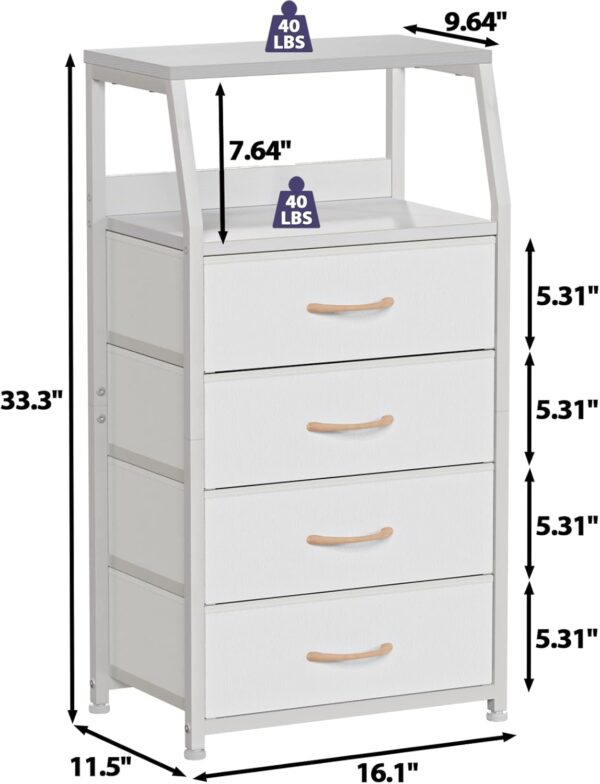 Furnulem Tall 4 Drawers Dresser, Vertical Storage Tower for Bedroom, Hallway, Entryway, Nursery, Closet Organizer, Nightstand Bedside Table Furniture, Sturdy Steel Frame, Wood Top, White - Image 3