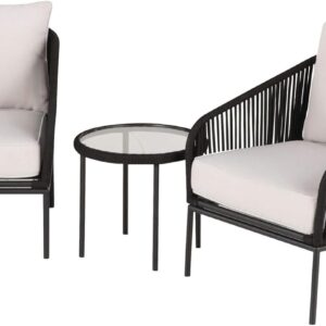 Carrabelle 3 Piece Outdoor Patio Furniture Set with 2 Woven Rope Backrest Design Cushioned Chairs and Round Side Table, Black