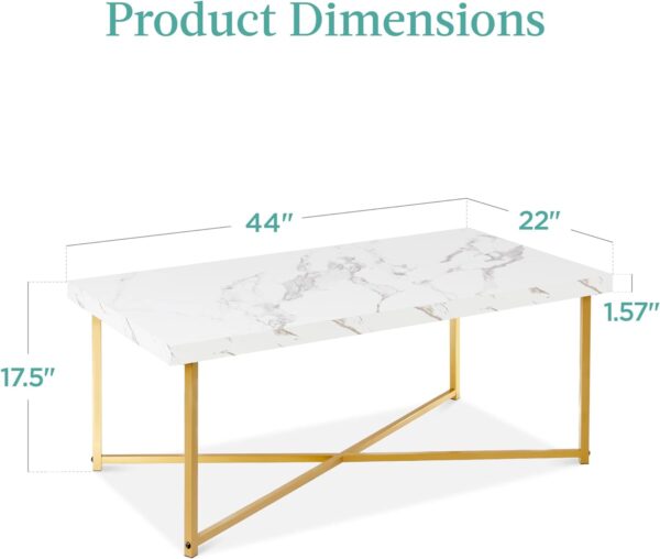 Best Choice Products 44in Rectangular Marble Coffee Table, X-Base Accent Table for Living Room, Dining Room, Home Décor w/Faux Marble Top - White/Bronze Gold - Image 2