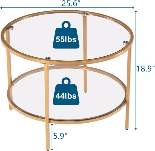 VINGLI 25.6" Round Gold Coffee Tables for Living Room, 2-Tier Glass Top Coffee Table with Storage Clear Coffee , Simple & Modern Center Table for Small Space - Image 2