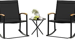 Shintenchi 3 Piece Outdoor Rocking Bistro Set, Textilene Fabric Small Patio Furniture Set, Front Porch Rocker Chairs Conversation Set with Table for Lawn, Garden, Balcony, Poolside (Black)