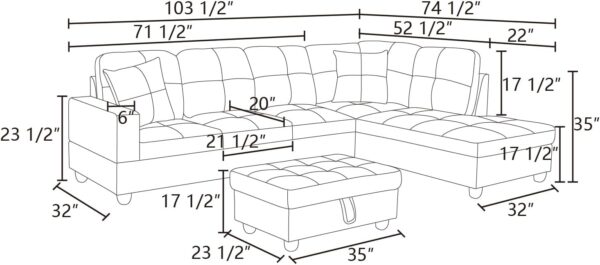 RITSU L Shape 3 Piece Sectional Sofa Set, Upholstered Corner Couch with Storage Ottoman, Faux Leather Tufted Cushions, for Living Room, Apartment, 103inch, White w/Right Chaise Lounge - Image 2