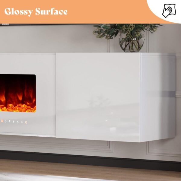 AMERLIFE Floating Fireplace TV Stand, Wall Mounted Mirrored Entertainment Center with 40" Electric Fireplace, Modern LED Lights Media Console for TVs Up to 90", All White - Image 4