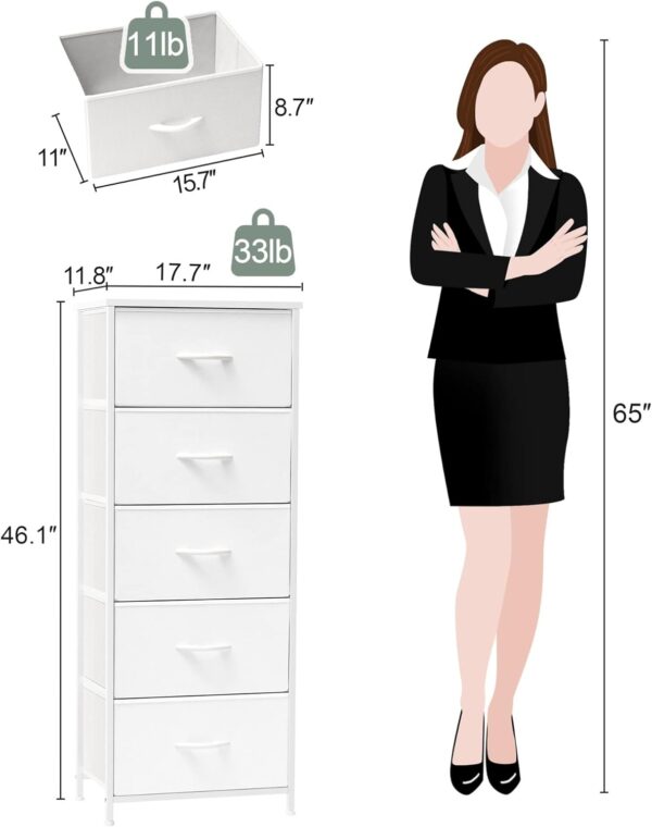 Crestlive Products Tall Dresser Vertical Storage Tower - Sturdy Steel Frame, Wood Top, Easy Pull Fabric Bins - Organizer Unit for Bedroom, Hallway, Entryway, Closets - 5 Drawers(White) - Image 3