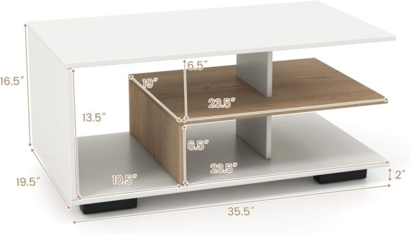 Giantex Coffee Table with Storage, Modern Rectangular Accent Table with L-Shaped Middle Shelf, Versatile 3-Tier Cocktail Table Sofa Table, Geometric Center Table for Living Room (Natural and White) - Image 2