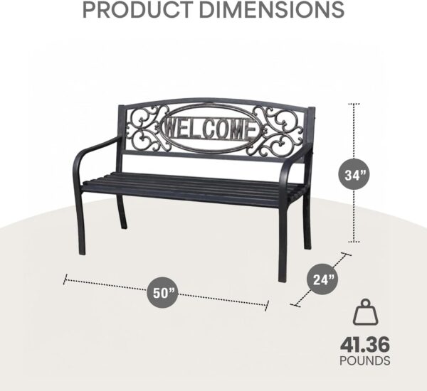 Welcome Outdoor Park Bench Powder Coated Steel Frame Furniture Seat for Backyard Garden, Front Porch, or Walking Path, Black - Image 2