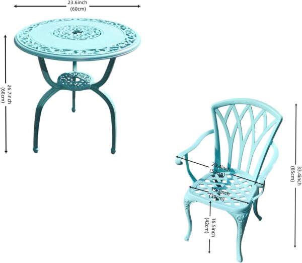 KAILI 3 Piece Bistro Table Set Cast Aluminum Outdoor Patio Furniture with Chair with armrests (Light Blue) - Image 3
