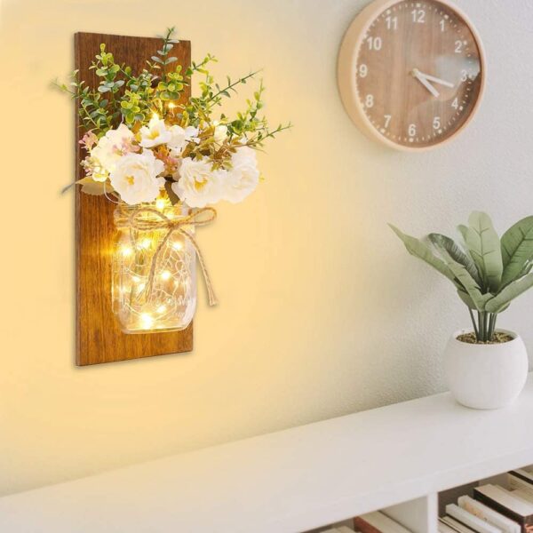 Rustic Wall Sconces Mason Jar Sconces Handmade Wall Art Hanging Design with Remote Control LED Fairy Lights and White Peony,Christmas Decor Gift Farmhouse Wall Home Decor Living Room Lights Set of Two - Image 2
