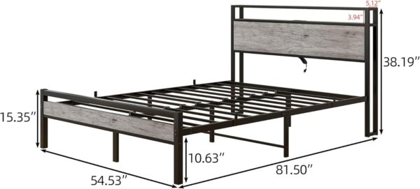 HOJINLINERO Full Size Bed Frame with Storage Headboard/USB Charging Station,Metal Platform Bed Frame Full Size No Box Spring Needed,Noise-Free,Strong Steel Slats Support,Warm Grey - Image 2