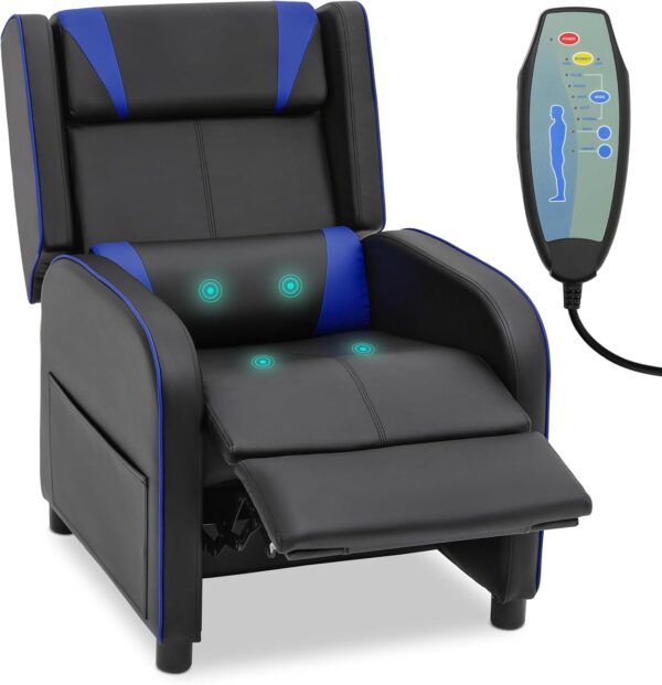 MoNiBloom Recliner Chair for Living Room Massage Recliner Sofa Reading Chair, Adjustable Backrest PU Leather Push Back Gaming Recliner Single Sofa Home Theater Chairs for Adults with Foot Rest, Blue