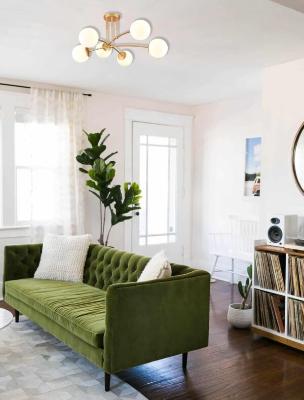CLAXY Mid Century Gold Ceiling Light Semi Flush Mount Opal Globe Chandelier 6-Light Ceiling Chandelier for Bedroom Living Room - Image 3