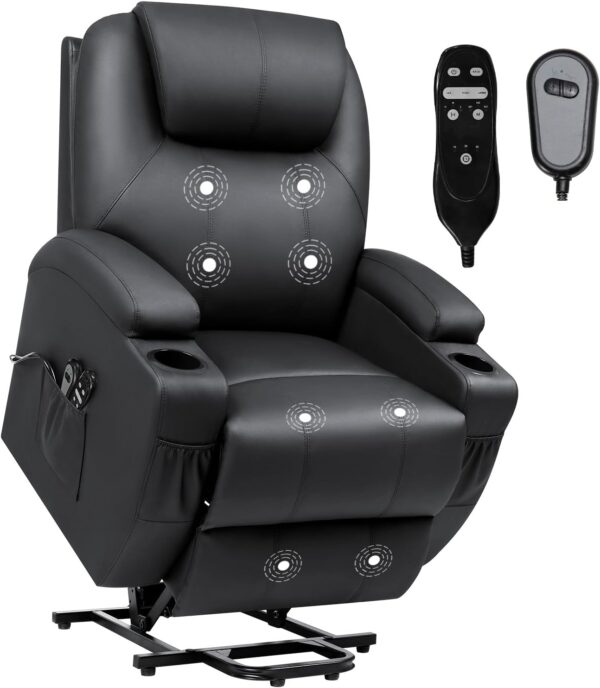 VICTONE Electric Power Lift Recliner Chair for Elderly Reclining Sofa for Living Room with Massage, Side Pockets and Cup Holders (Leather, Black) - Image 7
