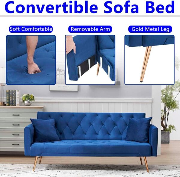 71" Convertible Folding Sleeper Sofa Couch,Modern Velvet Loveseat Sleeper with 2 Pillows, Futon Sofa Bed with Mattress and Frame for Living Room,Bedroom,Small Space (Blue) - Image 4