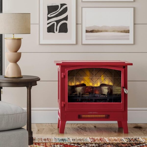 Country Living Infrared Freestanding Electric Fireplace Stove Heater in Deep Red | Provides Supplemental Zone Heat with Remote, Multiple Flame Colors, Metal Design with Faux Wooden Logs - Image 3