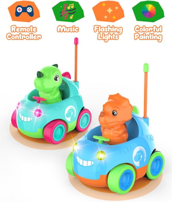 Toddler Remote Control Car, Two Cartoon RC Cars for Toddlers, Dinosaur Toys for Kids 3-5, Birthday Gift for Boys & Girls, Car Toys with LED Lights & Music, Blue - Image 3