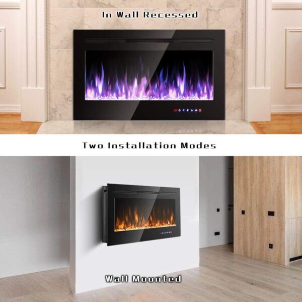 COSTWAY 36-Inch Electric Fireplace, 750W/1500W Wall Recessed and Mounted Fireplace Insert with Remote Control, 9 Flame Colors, 5 Brightness Settings, 8 H Timer, Fireplace Heater for Indoor Use - Image 3