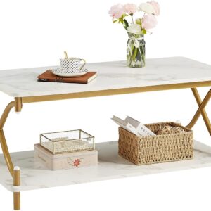 VECELO White and Gold Coffee Table with Storage and Open Shelves for Living Dining Room 39-Inch, Modern Rectangle & Industrial Design, X-Shape Frame, Easy Assemble