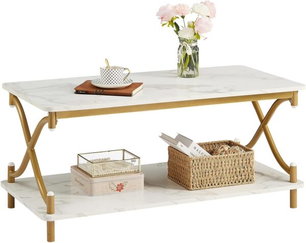 VECELO White and Gold Coffee Table with Storage and Open Shelves for Living Dining Room 39-Inch, Modern Rectangle & Industrial Design, X-Shape Frame, Easy Assemble