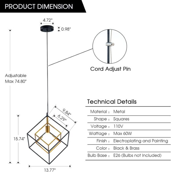 Modern Geometric Chandelier, 1-Light Metal Pendant Light Fixture Black Brass Hanging Ceiling Light Industrial Farmhouse Cube Lighting for Kitchen Island Entryway, E26 Base - Image 3