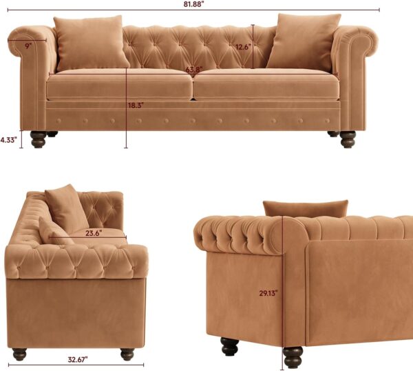 Chesterfield Sofa, 82 Inch Brown Velvet Couch with Rolled Arms, Button Tufted Couch w/2 Throw Pillows, Comfy Pocket Springs Cushion, Vintage Loveseat Sofa for Living Room, Bedroom, Apartment - Image 3