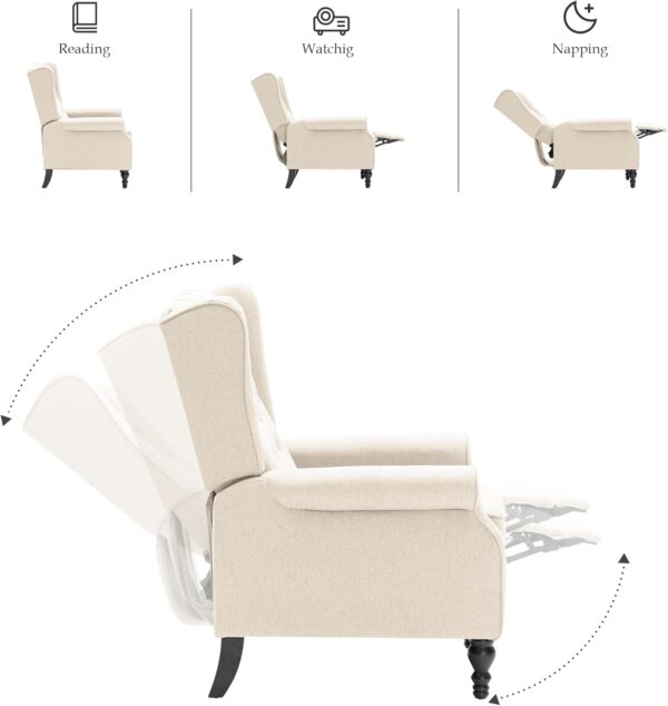 Mid Century Wingback Recliner Chair for Adults, Modern Linen Fabric Push Back Recliner Chairs with Button Tufted Upholstered Back & Footrest, Manual Recliner Chais for Living Room, Nursery, Gray - Image 4