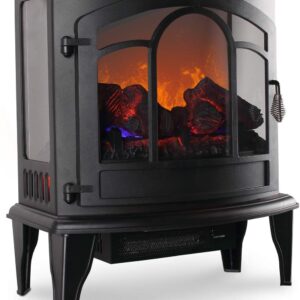 Della 17 Inch 1400W Compact Freestanding Portable Electric Fireplace Stove Heater with Realistic 3D Flame Effect, Infrared Quartz Indoor Heat, Faux Logs - Black