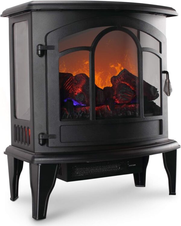 Della 17 Inch 1400W Compact Freestanding Portable Electric Fireplace Stove Heater with Realistic 3D Flame Effect, Infrared Quartz Indoor Heat, Faux Logs - Black