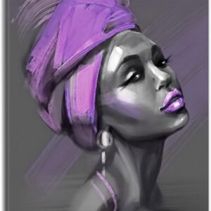 LB African American Women Canvas Wall Art, Beauty Black Woman Purple Hair Canvas Art, Abstract Minimalist Painting Wall Decor for Living Room Bedroom Bathroom Home Decor Ready to Hanging 12x16 Inch