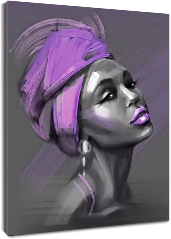 LB African American Women Canvas Wall Art, Beauty Black Woman Purple Hair Canvas Art, Abstract Minimalist Painting Wall Decor for Living Room Bedroom Bathroom Home Decor Ready to Hanging 12x16 Inch