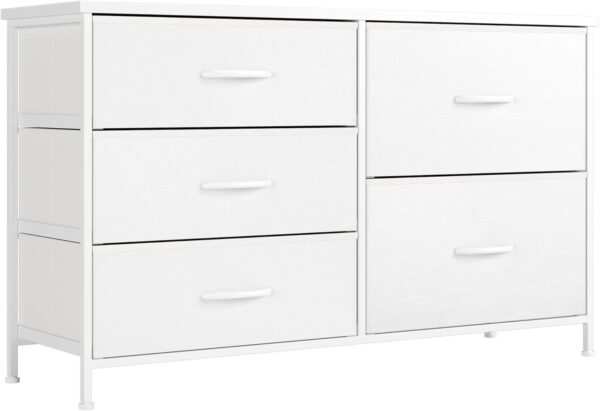 Nicehill White Dresser for Bedroom with 5 Drawers, Small Dresser for Kids' Bedroom, Closet, Wide Chest of Drawers with Fabric Storage Drawers, Wooden Top, Steel Frame, Modern, White