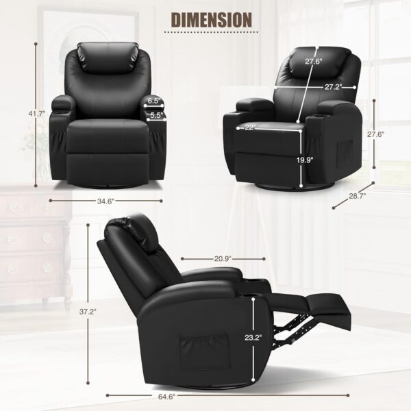 JUMMICO Recliner Chair, Rocking Massage Chairs, Home Reclining Sofa Chair, PU Leather, Ergonomic Living Room Chair with Cup Holders, Remote Control (Black) - Image 2