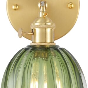 Vintage Wall Sconces with Green Tulip Glass Lampshade 180 Degree Adjustable Brass Sconces Hradwired Modern Wall Lighting Fixture with Switch for Bedside Bedroom Doorway