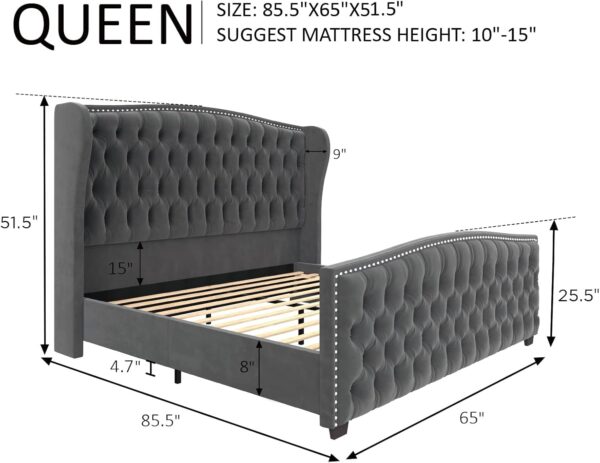 AMERLIFE Queen Size Platform Bed Frame, Velvet Upholstered Bed with Deep Button Tufted & Nailhead Trim Wingback Headboard/No Box Spring Needed/Grey - Image 2