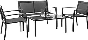 Devoko 4 Pieces Patio Furniture Set Outdoor Garden Patio Conversation Sets Poolside Lawn Chairs with Glass Coffee Table Porch Furniture (Black)