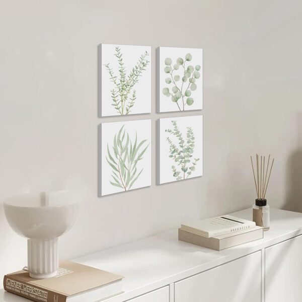 Erctoo Botanical Plant Canvas Wall Art, Framed Boho Wall Decor for Bathroom, Minimalist Aesthetic Bedroom Wall Art, Sage Green Eucalyptus Leaf Prints for Office, Set of 4PCS, 8”X10” - Image 5