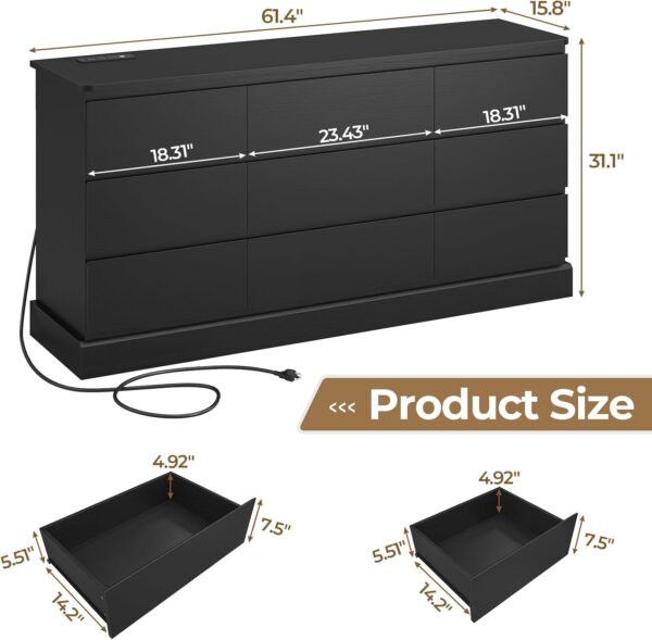Hasuit Modern Black Bedroom Dresser with 9 Drawers, 61.4" Wide Dresser Chest of Drawers with Large Capacity Storage, Long Dresser TV Stand with Power Outlets, Sturdy Storage Cabinet for Living Room - Image 2