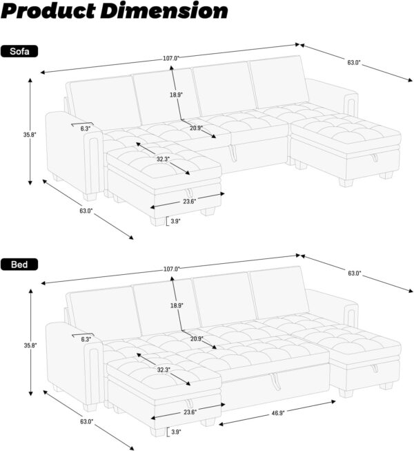 Belffin Modular Sectional Sleeper Sofa with Pull Out Bed Velvet Convertible U Shaped Sectional Sofa Couch with Storage Chaises for Living Room Black - Image 2