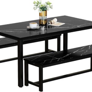 AWQM 43'' Dining Table with Bench, Dining Room Table Set for 4, Modern Kitchen Table and Chairs Set, Faux Marble Kitchen Breakfast Set for Apartment, Small Space, Breakfast Nook, Black