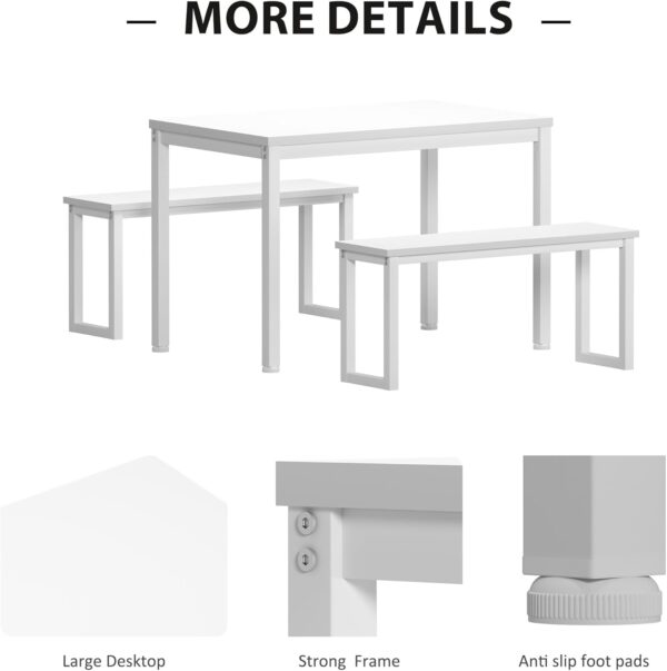 soges Kitchen Table Set with 2 Benches, White Dining Table Set for 4, 3 Piece Dining Room Table and Long Benches, Breakfast Table Coffee Table Set, Industrial Style Wooden Kitchen and Dining Room Set - Image 4