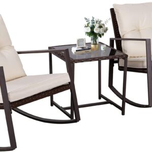 SUNCROWN 3-Piece Patio Bistro Set Outdoor Rocking Chairs Set Brown Wicker Porch Chairs with Glass Coffee Table, Beige Cushion