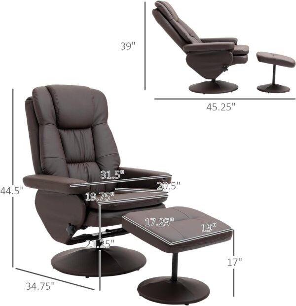 HOMCOM Swivel Recliner with Ottoman, PU Leather Reclining Chair with Ottoman, Upholstered Recliner and Footrest with Wrapped Base for Living Room, Bedroom and Home Office, Brown - Image 3