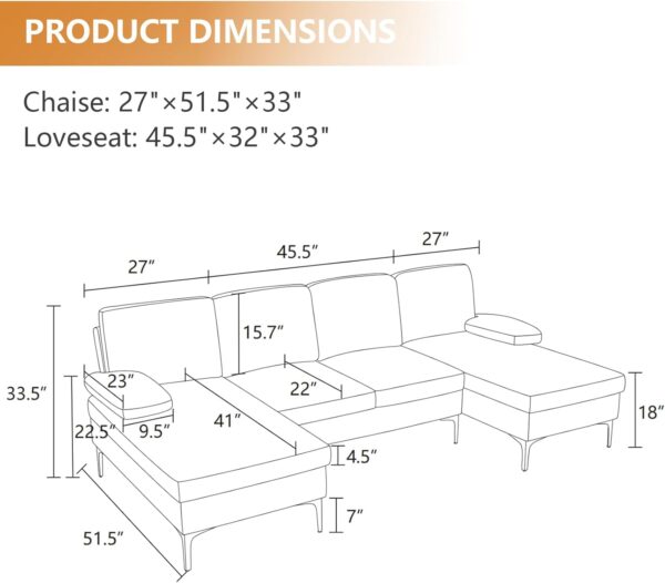 Modular Sectional Sofa Couch for Living Room, U Shaped Convertible Lounge Sofa with Loveseat & Double Chaise, 4 Seater Comfy Fabric Couch Set for Home Office (Gray) - Image 2