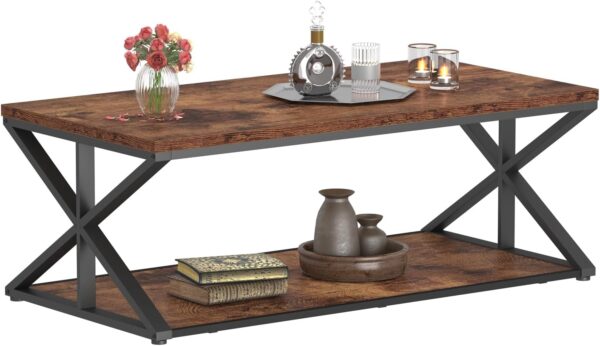 Coffee Table with Storage, Farmhouse Living Room Table, Modern Minimalist Rectangle Center Table, Industrial Vintage Wood Tea Table, 47 Inch, Rustic Brown - Image 6