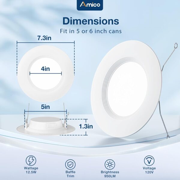 Amico 24 Pack 5/6 inch 5CCT LED Recessed Lighting, Dimmable, 12.5W=100W, 950LM, 2700K/3000K/4000K/5000K/6000K Selectable, Retrofit Can Lights with Baffle Trim, IC Rated - ETL & FCC, White - Image 5