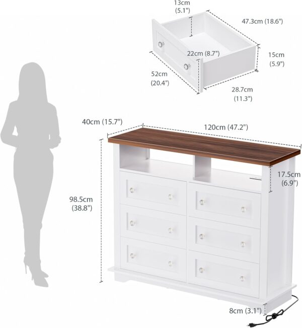 HAIOOU 6 Drawer Dresser for Bedroom White with Power Outlets, LED Double Dressers, Chest of Drawers 47 inch Modern Wooden Storage Organizer with 2 Shelves, Cabinet for Living Room,Hallway - Image 2