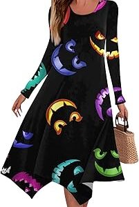 Halloween Dress for Women Pumpkin Dress Long Sleeve Crew Neck Midi Dress Irregular Hem Cocktail Party Dress with Pocket