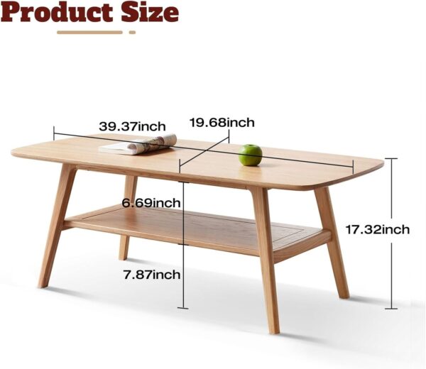 2-Tier Coffee Table with Storage Shelf, Natural Color 100% Solid Wood Table for Living Room, Elegant Furniture for Small Apartment (Walnut, 31.5“ x 19.69” x 17.32“) - Image 2