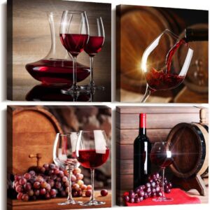 TTHYUEWS Canvas Wall Art For Kitchen Dining Room Wall Decor Wine Glass Wall Painting Still Life Wine Fruit Goblet Frame Wall Pictures Prints Artwork Bar Restaurant Decoration Home Decor 4 Piece Set
