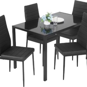 Dining Table Set 5-Piece Dining Room Glass Tabletop Table &Upholstered Chairs for 4 Modern Kitchen Table with Chairs Space-Saving Home Furniture for Dining Room Kitchen Living Room,Black