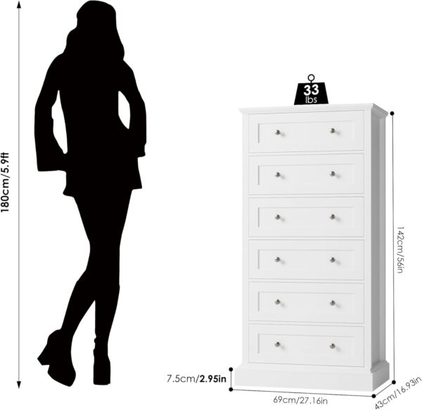 6 Drawer Dresser, 56" Tall White Dresser with Mental Double Handles, Chest of Drawers Cabinet for Hallway Living Room - Image 3